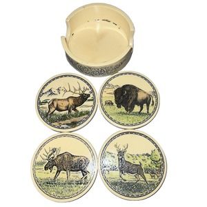 Big Sky Carvers Set of 4 Moose Coasters Round with Holder Rubber Backing VGUC